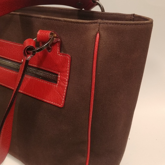 Kate Spade NY brown canvas tote red leather trim - Picture 3 of 8